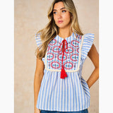 Embroidered Striped Ruffle Sleeve Cotton Shirt in Blue: Small (UK 8-10)