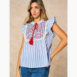 Embroidered Striped Ruffle Sleeve Cotton Shirt in Blue: Medium (UK 12-14)