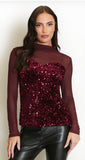 Mesh Sequin Long Sleeve Top burgundy