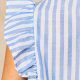 Embroidered Striped Ruffle Sleeve Cotton Shirt in Blue: Small (UK 8-10)