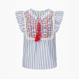 Embroidered Striped Ruffle Sleeve Cotton Shirt in Blue: Medium (UK 12-14)