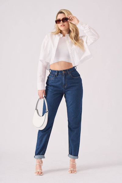 HIGH WAISTED TURN UP MOM JEANS - MID BLUE: Inside length 30 / 12