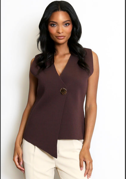 Fine Knit One Button Asymmetric Waistcoat brown