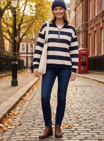 STRIPE LONG SLEEVE HALF ZIP SWEAT navy