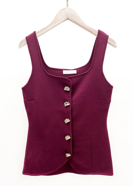 Fine Knit Square Neck Button Front Top wine