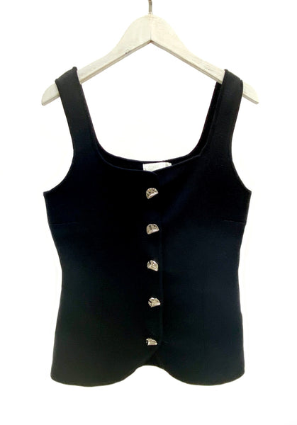 Fine Knit Square Neck Button Front Top black