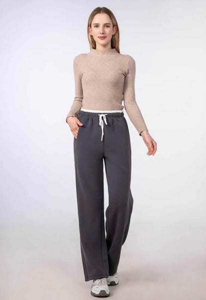 Contrast Waist Wide Leg Trousers Charcoal