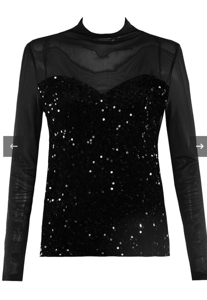 Mesh Sequin Long Sleeve Top black