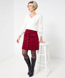Charming Joe Brown Cord Button Front Mini Skirt: Berry / 14
