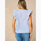 Embroidered Striped Ruffle Sleeve Cotton Shirt in Blue: Medium (UK 12-14)