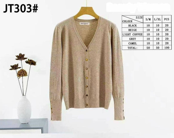 V Gold Button Cuff Fine Knit Cardi: Camel brown