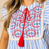 Embroidered Striped Ruffle Sleeve Cotton Shirt in Blue: Small (UK 8-10)