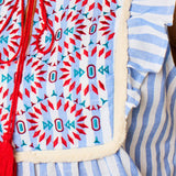 Embroidered Striped Ruffle Sleeve Cotton Shirt in Blue: Medium (UK 12-14)