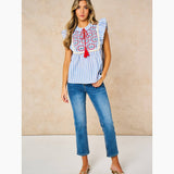 Embroidered Striped Ruffle Sleeve Cotton Shirt in Blue: Medium (UK 12-14)