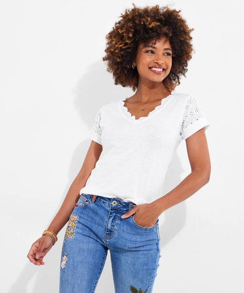 Joe Brown Summer Days Broderie Insert V-Neck T-Shirt: White / 8